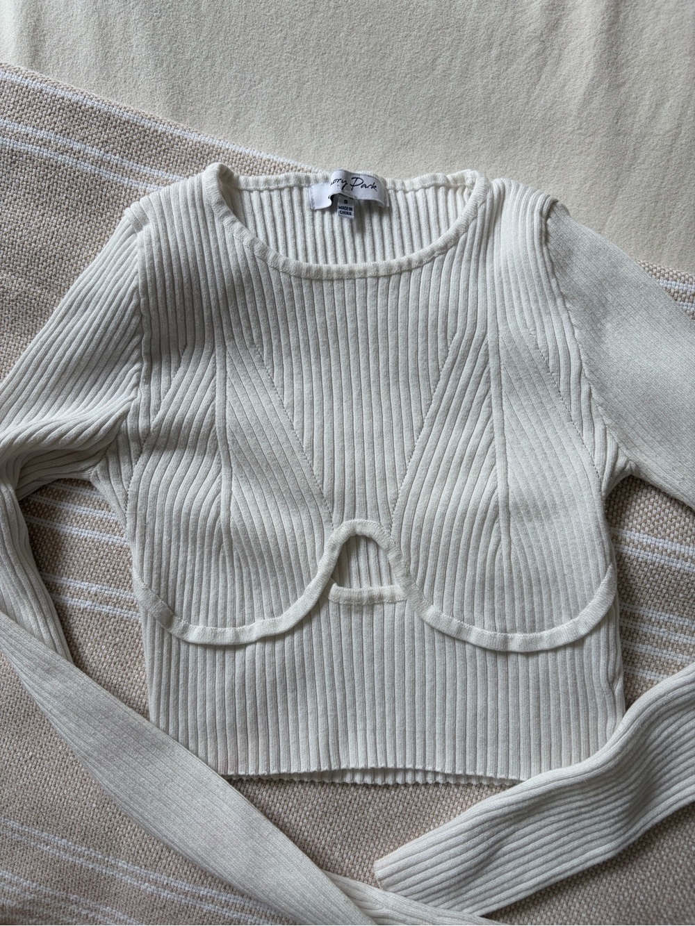 Ivory Ribbed Long-Sleeve Crop Top